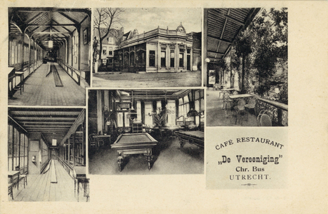 711532 Reclameprentbriefkaart van “De Vereeniging”, Café-Restaurant, Chr. Bos, [Mariaplaats 15] te Utrecht, met vijf ...